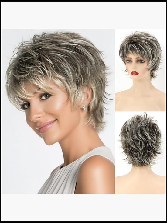 Short Pixie Cut Wig with Bangs Synthetic Hair Layered Wavy Natural Look main image 4